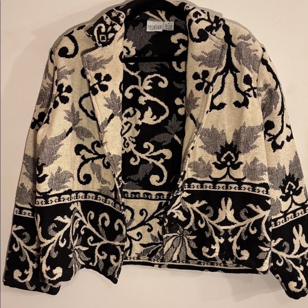 Women's Black and Cream Cotton Tapestry Vintage 90s Y2K Jacket Medium 8/10 - Picture 14 of 14